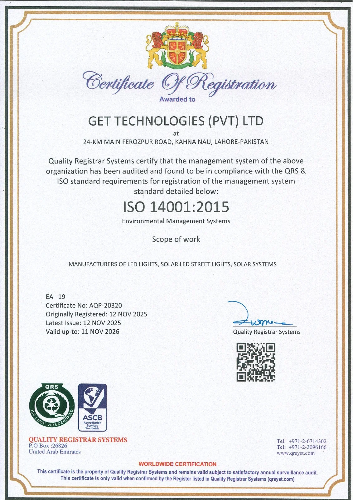 ISO 14001:2015 Certificate of Registration