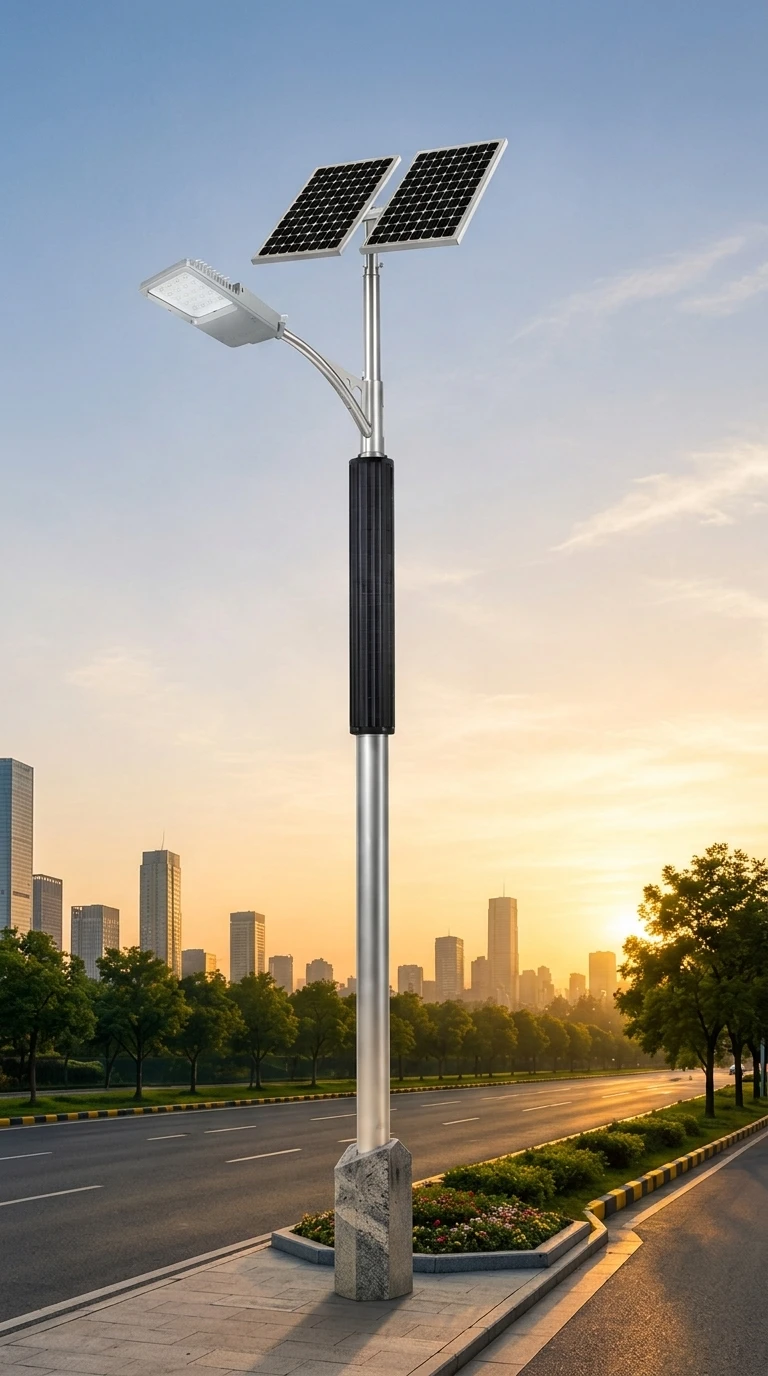 Solar-powered street light pole with dual panels